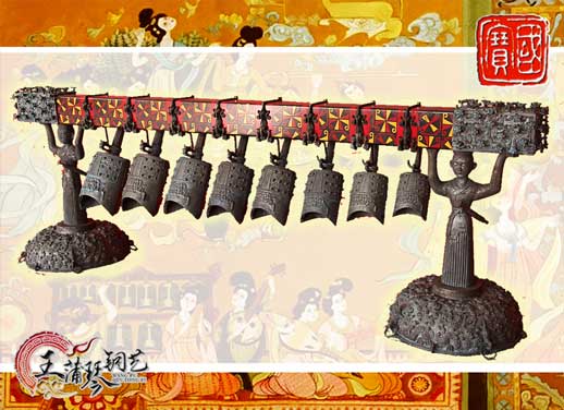 8件古編鐘，銅人銅座裝飾，可發(fā)音